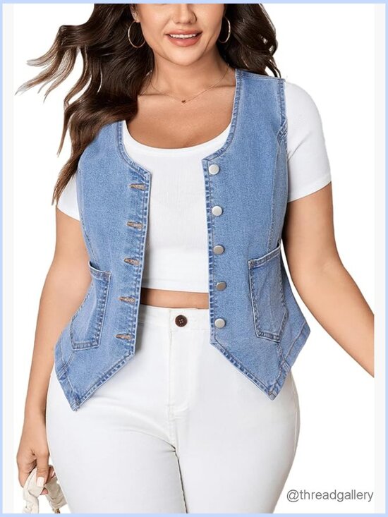 Jackets & Blazers - Plus Size Denim Vest Sleeveless V Neck Button Down Cropped Waistcoat Top with